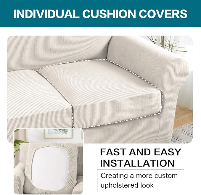 Turquoize 4 Piece Sofa Covers for 3 Cushion Couch Sofa Slipcover Soft Couch Cover for Dogs-Washable Sofa Furniture Covers with 3 Individual Large Cushion Covers, Feature Thick Fabric (XL Sofa, Ivory) - Image 5