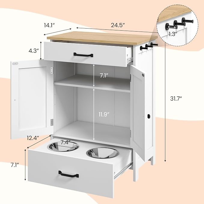 Dog Feeding Station Food Storage with 2 Elevated Stainless Bowls White Wood | Pet Organizer Cabinet With Adjustable Shelf Sliding Drawer Hidden Feeder ,Toy Organization Container for Cats & Dogs - Image 6