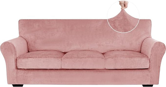 XINEAGE 4-Piece Velvet Sofa Cover,Couch Covers for Dog,Pink | 3 Cushion Sofa,Stretch Non-slip Elastic, Pet-friendly, Washable, Fast Setup, Soft Plush Fabric, Furniture Protector. by XINEAGE
