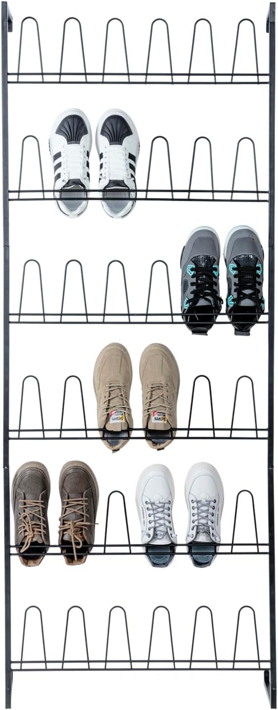 MyGift 70 Inch Black Metal Wall Mounted Shoe Rack with 36 Hooks | Holds 18 Pairs, Efficient Vertical Design, 36 Hanging Points, Slim Profile, Small Space Solution, Easy Access Setup - Image 6