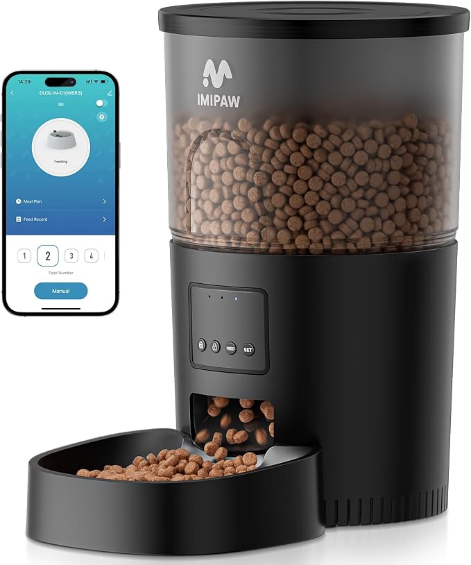 IMIPAW Automatic Cat Feeder, 5G WiFi Cat Food Dispenser with APP Remote Control, Pet Dry Food Smart Feeder, Programmable Timed Feeding, Dual Power Supply, 1-10 Meals Per Day, Desiccant Bag, Small pets by IMIPAW