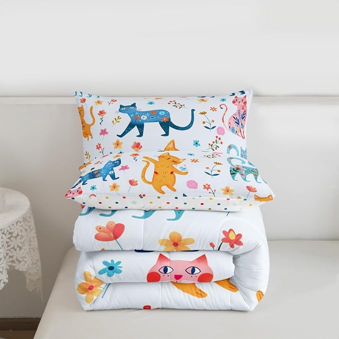 Feelyou Cute Cat Flower Bedding Set for Boys Girls, Cartoon Floral Kawaii Comforter Set Queen Size Funny Cats Animals Duvet Quilt Microfiber Rainbow Printed Bedroom Decor 3 Pcs with 2 Pillow Cases - Image 3