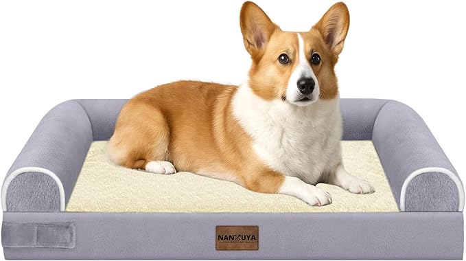 NANUYA Orthopedic Dog Bed for Medium Dogs, 30 x 20 Inch, Purple | Egg crate foam for joint support, 3-sided bolster pet sofa, waterproof lining, washable cover, and non-skid base by Nanuya