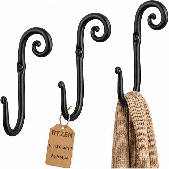 RTZEN Classic Farmhouse Wall Mount Multi-Use Wrought Iron Hook Set (3 Pack) | Decorative Rustic Metal Handcrafted Bathroom, Entreyway Home Decor Hooks Suitable for Coats, Towels, Robe or Hat Hanging - Image 9