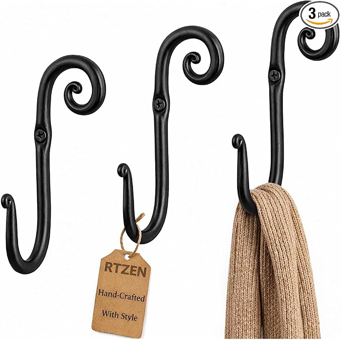 RTZEN Classic Farmhouse Wall Mount Multi-Use Wrought Iron Hook Set (3 Pack) | Decorative Rustic Metal Handcrafted Bathroom, Entreyway Home Decor Hooks Suitable for Coats, Towels, Robe or Hat Hanging by RTZEN