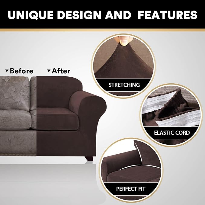 PrinceDeco Velvet Couch Covers for Sofa Soft 4 Pieces Couch Covers for 3 Cushion Couch Sofa Pet Friendly Furniture Protector with Non Slip Elastic Bottom Width Up to 97 Inch (Large Sofas, Brown) - Image 3
