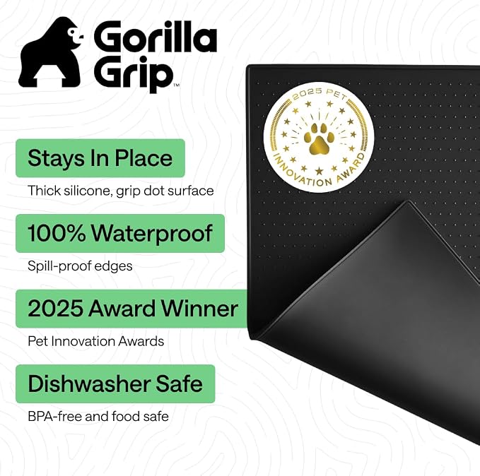 GORILLA GRIP 100% Waterproof Raised Edge BPA Free Silicone Pet Feeding Mat, Dog Cat Food Mats Contain Spills Protects Floors, Placemats for Cats and Dogs Water Bowl, Pets Accessories 18.5x11.5 Black - Image 2