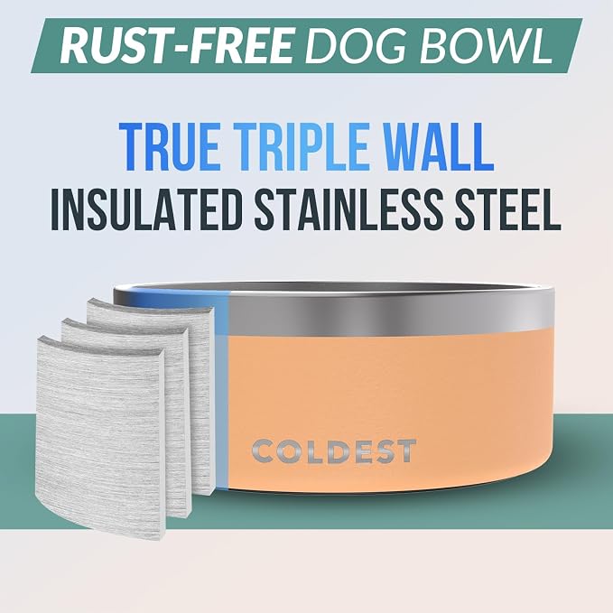 Coldest Dog Bowl - Anti Rust Metal, Non Slip, 3 Layers Insulated Stainless Steel Dog Bowls - Spill Proof & Heavy Duty - Water Bowl for Dogs, Cats & Pets, Dish Washer Safe (100 oz, Sahara Peach) - Image 3