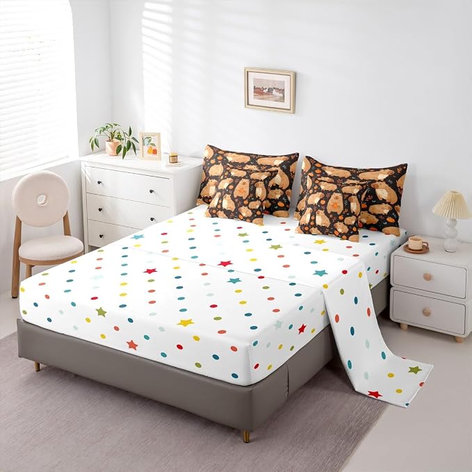 Erosebridal Cute Capybara 7-Piece Bedding Set King Size for Capybara Lovers, Kawaii Aninal Comforter Set with Sheets, Persimmon Bed in A Bag, Cartoon Fruit Bedding Comforter Sets, Black - Image 4