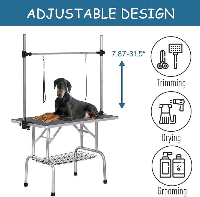 46" Dog Grooming Table Foldable Pet Grooming Tables with Adjustable Arm Noose Storage Mesh Tray Maximum Capacity Up to 330lbs Black - Image 3