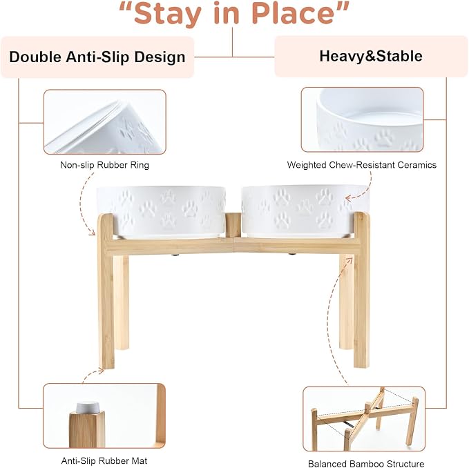 SPUNKYJUNKY Elevated Dog Bowls Ceramic, 8.3'' Dogs Food Water Bowls Raised with Non-Slip Bamboo Stand for Large Sized Breed Microwave Dishwasher Safe - 60 OZ,Paw White - Image 4
