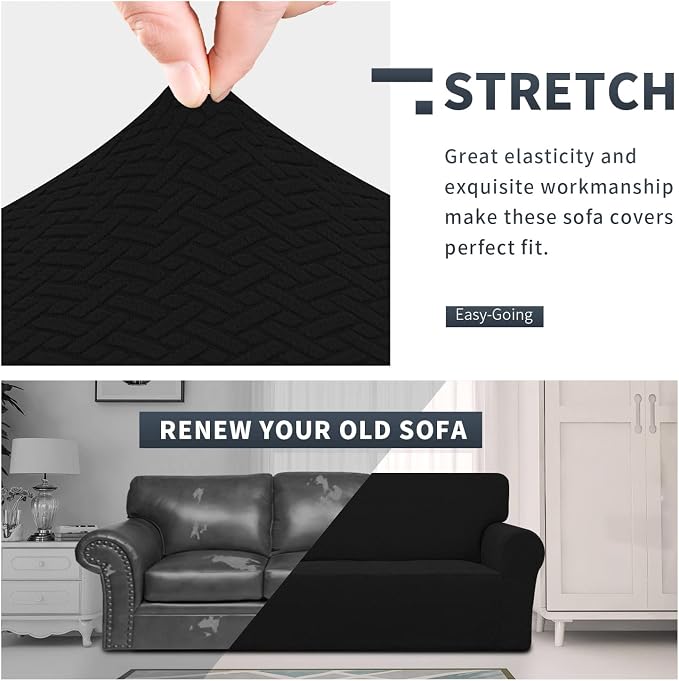 Easy-Going Stretch Jacquard Couch Cover, 1-Piece Soft Sofa Cover, Sofa Slipcover with Anti-Slip Foams, Washable Furniture Protector for Kids, Pets (Sofa, Black) - Image 3