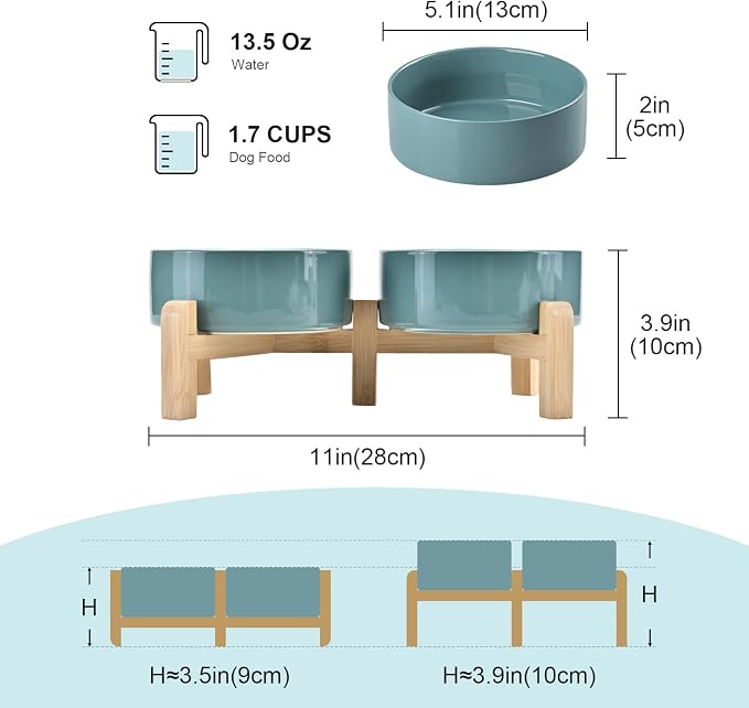 SPUNKYJUNKY Elevated Dog Bowls Ceramic, 5.1'' Dogs and Cat Food Water Bowls Raised with Non-Slip Bamboo Stand for Puppy Small Sized Breed Microwave Dishwasher Safe - 13.5 OZ,Dark Green - Image 2