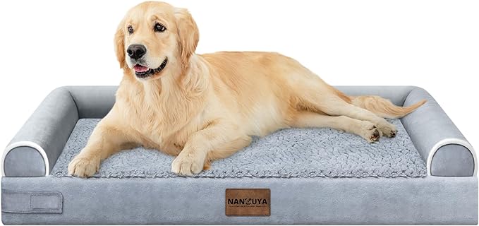NANUYA Orthopedic Dog Bed for Large Dogs, 36 x 27 Inch, Light Grey | Egg crate foam for joint support, 3-sided bolster pet sofa, waterproof lining, washable cover, and non-skid base by Nanuya