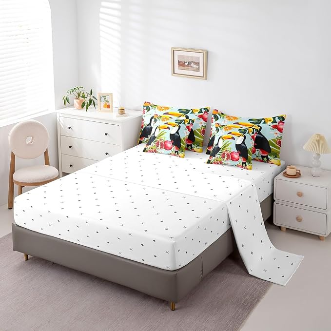 Erosebridal 7-Piece Comforter Set King Size, Cute Toucan Parrot Fruits Bed in a Bag Bedroom Comforter with Sheets (1 Comforter, 1 Flat Sheet 1 Fitted Sheet 2 Pillowcases and 2 Pillow Shams) - Image 4