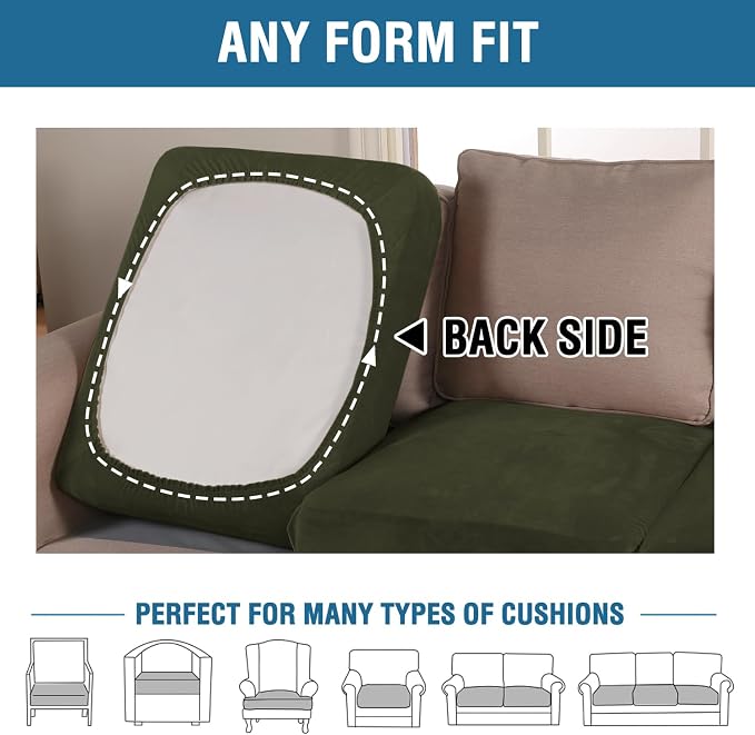 H.VERSAILTEX Velvet Stretch Couch Cushion Cover Plush Cushion Slipcover for Chair Loveseat Sofa Cushion Furniture Protector Seat Cushion Sofa Cover (3 Piece Sofa Cushion Covers, Olive) - Image 5