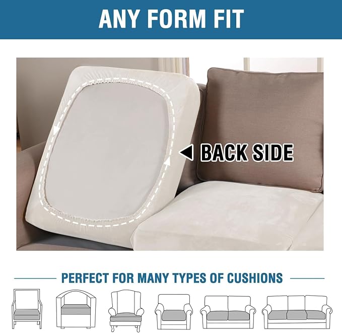 H.VERSAILTEX Velvet Stretch Couch Cushion Cover Plush Cushion Slipcover for Chair Loveseat Sofa Cushion Furniture Protector Seat Cushion Sofa Cover (2 Piece Large Sofa Cushion Covers, Porcelain White) - Image 6