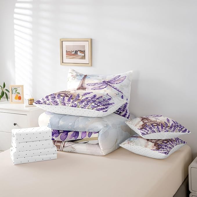 Feelyou Eiffel Tower Twin Size Comforter Set with Sheets Paris 7 Piece Bedding Set for Kids Girls Teens Toddler Purple Dragonfly Bed in a Bag Romantic Art Bed Set - Image 6