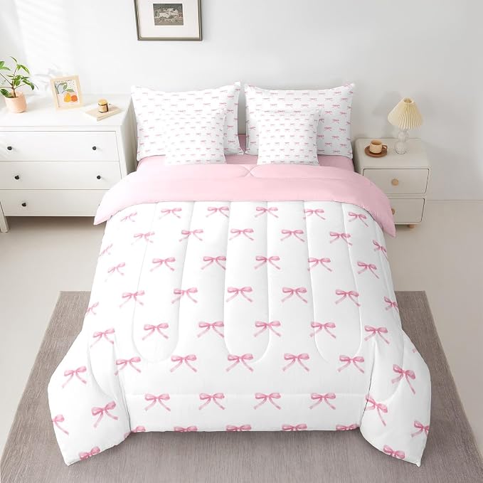 Erosebridal 7 Pieces Pink Bow Comforter Queen,Kids Cartoon Bowknot Butterfly Knot Princess Bedding Set for Girls,Dreamy Watercolor Ribbons Bow Tie Sheets with Pillowcases + Pillow Covers,Pink White - Image 2
