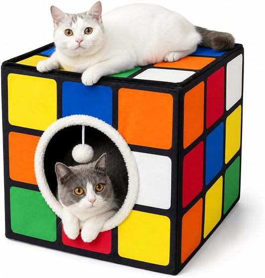 Cat Condo House with Reversible Cushions and Fluffy Ball Hanging, Foldable Magic Cube, Large Cave Bed for Indoor Cats, Unique Puzzle Shape 15.7“ x 15.7" x 13.4” by MAKEPETLUCKY-WelcometoCatTunnelClub