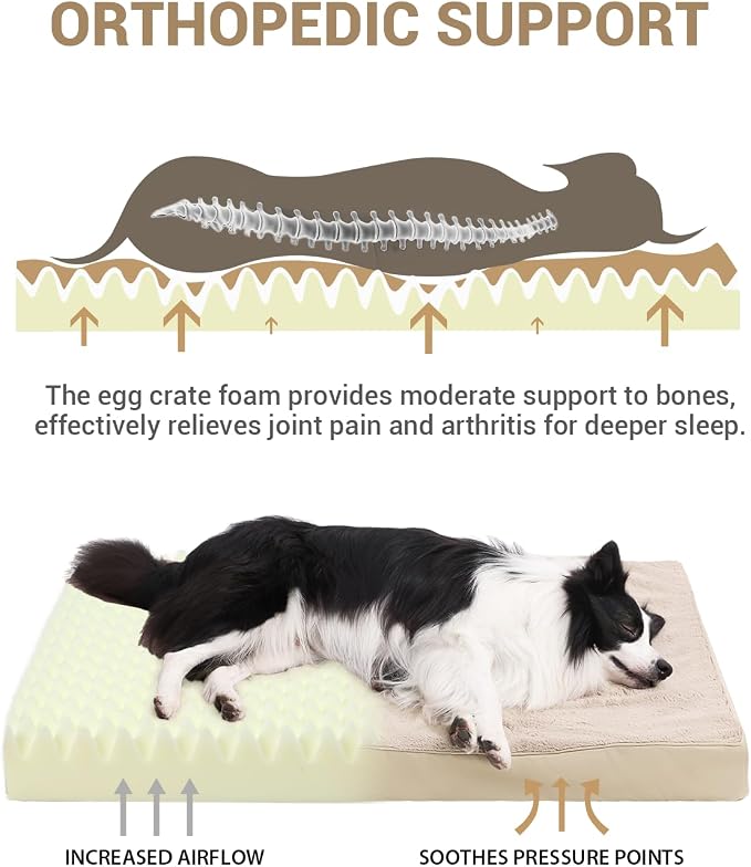 KSIIA Orthopedic Dog Bed for Extra Large Dogs with Waterproof, Khaki, 47x29 | Deluxe Soft Plush Dog Crate Bed, Washable Pet Mat with Removable Cover & Egg Crate Foam for Extra Large Dogs Sleeping - Image 2