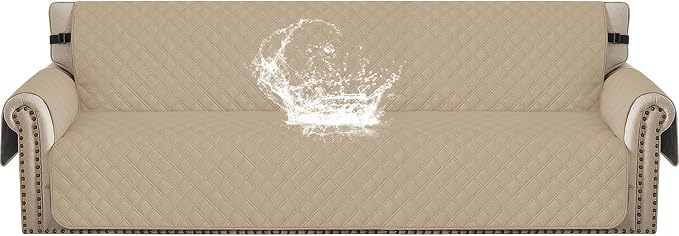 Waterproof Couch Cover for Pets Large, Sofa Covers for 3 Cushion Couch Washable, Non Slip Couch Covers for Dogs with Side Pockets, Quilted Couch Covers (Oversized Sofa, Khaki) by CYCMACOHOME