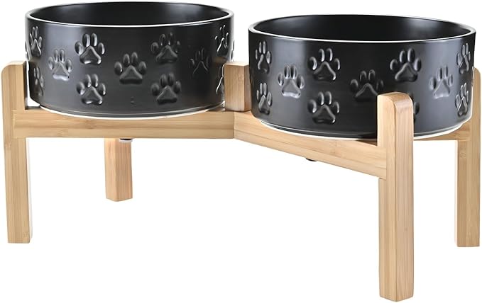 SPUNKYJUNKY Elevated Dog Bowls Ceramic, 7.3'' Dogs Food Water Bowls Raised with Non-Slip Bamboo Stand for Medium to Large Sized Breed Microwave Dishwasher Safe - 42 OZ,Paw Black by SPUNKYJUNKY