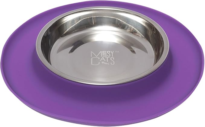 Messy Cats Single Silicone Feeder, Stainless Bowl, 1.75 Cup, Purple | Non-Slip Silicone Cat Feeding Station With Removable Stainless Steel Saucer Bowl For Food Or Water by Messy+Cats