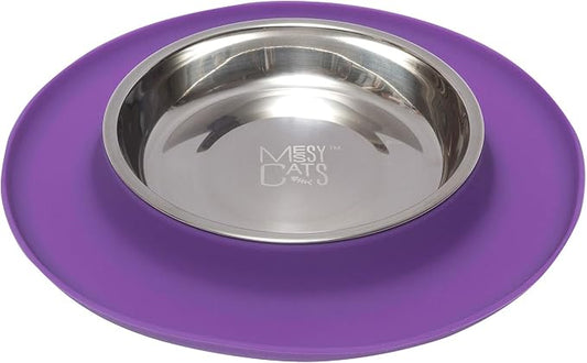 Messy Cats Single Silicone Feeder, Stainless Bowl, 1.75 Cup, Purple | Non-Slip Silicone Cat Feeding Station With Removable Stainless Steel Saucer Bowl For Food Or Water by Messy+Cats