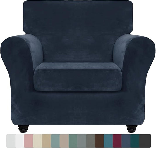 ZNSAYOTX Luxury Velvet Chair Slipcovers with Arms 2 Piece Stretch Chair Covers for Living Room Thick Soft Armchair Slipcover Anti Slip Pet Friendly Furniture Protector (Navy Blue),30"-47"(1 Cushion) by ZNSAYOTX