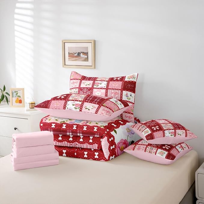 Feelyou Cute Flower 7 Piece Bedding Set Cute Bow Comforter Set with Sheets for Kids Boys Girls Red Theme Bed in a Bag Sweet Princess Theme Bed Set Soft Lightweight - Image 6