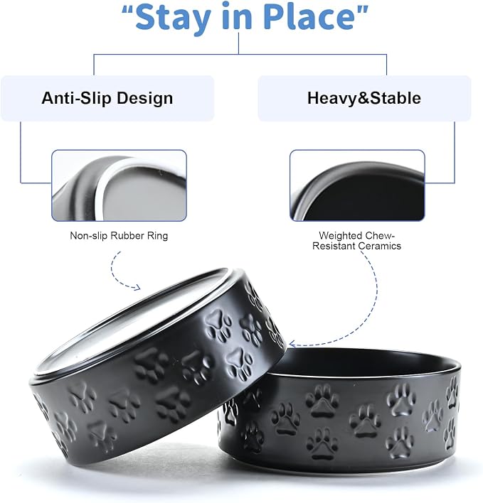 SPUNKYJUNKY Ceramic Dog Bowls 2 Pack, 7.3'' Dog Food Water Double Feeding Bowls Non-Slip for Medium to Large Sized Breed Microwave Dishwasher Safe - 42 OZ, 2pcs, Paw Black - Image 4