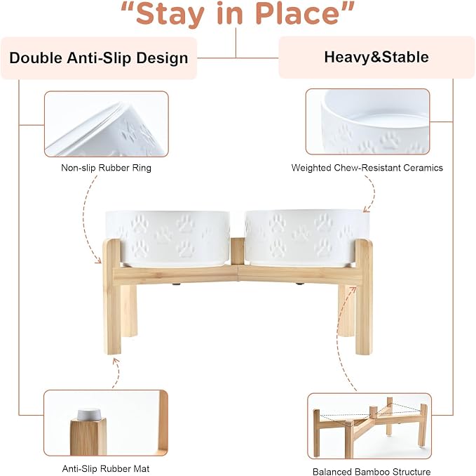 SPUNKYJUNKY Elevated Dog Bowls Ceramic, 7.3'' Dogs Food Water Bowls Raised with Non-Slip Bamboo Stand for Medium to Large Sized Breed Microwave Dishwasher Safe - 42 OZ,Paw White - Image 4