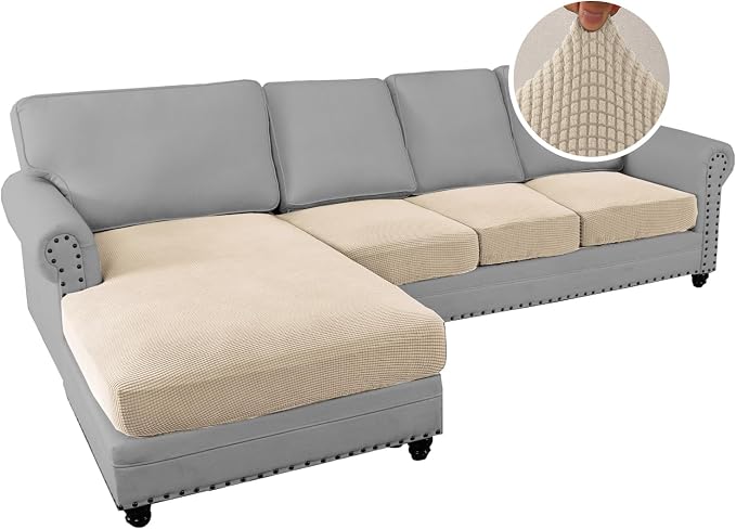 H.VERSAILTEX Sectional Couch Covers 4 Pieces Sofa Seat Cushion Covers L Shape Separate Cushion Couch Chaise Cover for Both Left/Right Sectional Couch (Seat Only: 1 Chaise + 3 Sofa, Natural) - Image 2