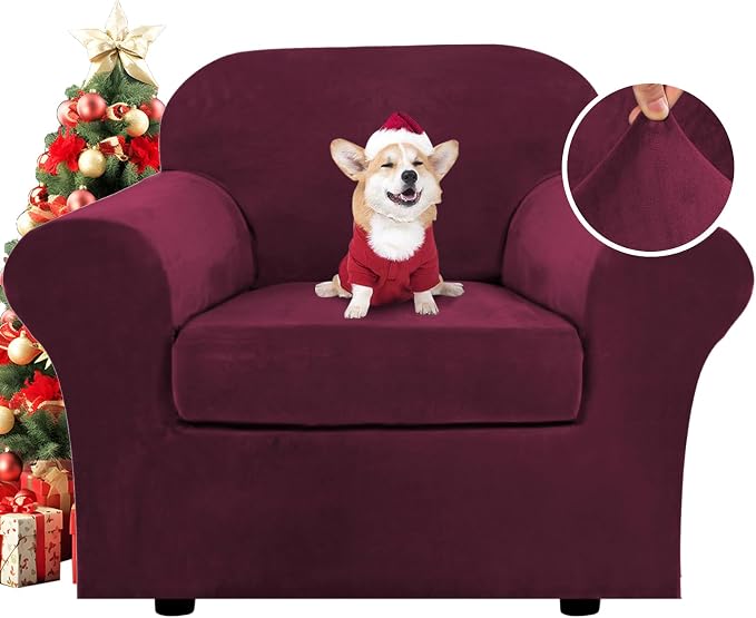 H.VERSAILTEX Rich Velvet Stretch 2 Piece Cover Chair Slipcover Sofa Cover Furniture Protector Couch Soft with Elastic Bottom Chair Couch Cover with Arms Width Up to 49 Inch(Chair, Burgundy) by HVERSAILTEX