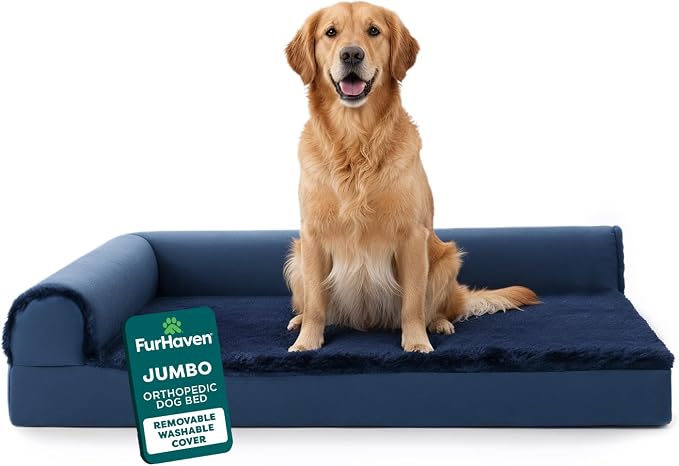 Furhaven Orthopedic Dog Bed for Large Dogs w/ Removable Bolsters & Washable Cover, For Dogs Up to 95 lbs - Plush & Velvet L Shaped Chaise - Deep Sapphire, Jumbo/XL by FurHaven