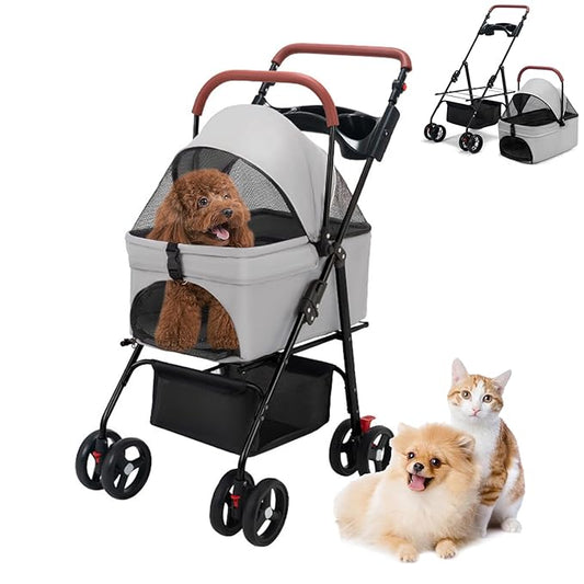 4 Wheels Pet Stroller for Medium Small Dog up to 50lbs, Folding Dog Stroller, 4 Wheels Cat Strollers, Travel Carrier, with Adjustable Handle, Detachable Pet Basket, Breathable Mesh (1 Set)