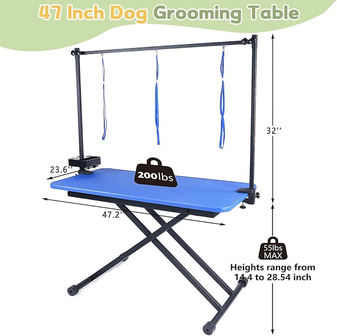 Professional Dog Pet Grooming Table Adjustable Heavy Duty Portable w/Arm & Noose & Mesh Tray (46", Blue) - Image 2