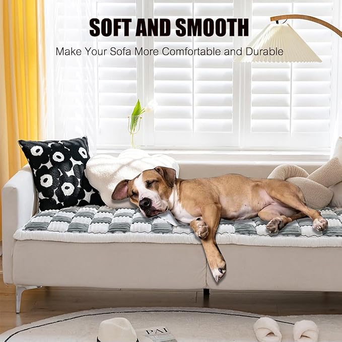 Fuzzy Chic Cotton Protective Couch Cover,Machine Washable & Non-Slip Pet Mat Bed Couch Cover,Garden Sofa Cover Cream-Coloured Plaid Pet Mat for Most Cats Dogs,Pets (gray blue, 27.6*82.7inch) - Image 3