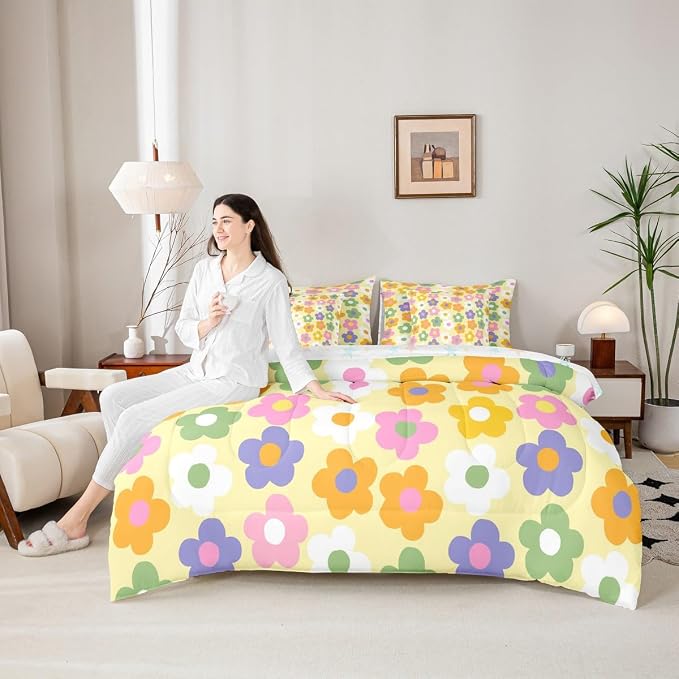 Feelyou Cute Flower 7 Piece Bedding Set Colorful Floral Comforter Set with Sheets for Kids Boys Girls Kawaii Theme Bed in a Bag Yellow Bed Set Soft Lightweight - Image 6