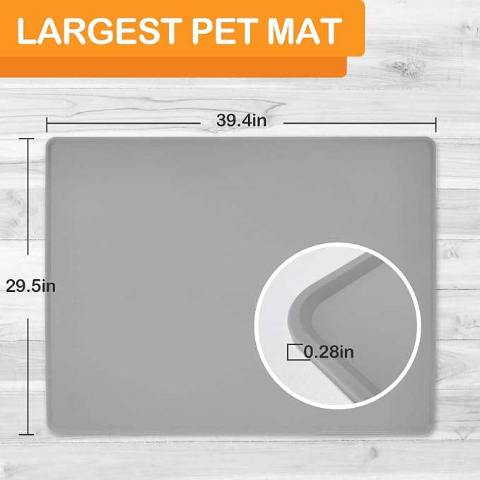 KVK Pet Food Mat Pet Feeding Mat Silicone Placemat for Dog and Cat Food Water Bowl Dog Food Mats for Floors Non Slip Waterproof Anti-bite Cool Grey 39.4X29.5in - Image 2