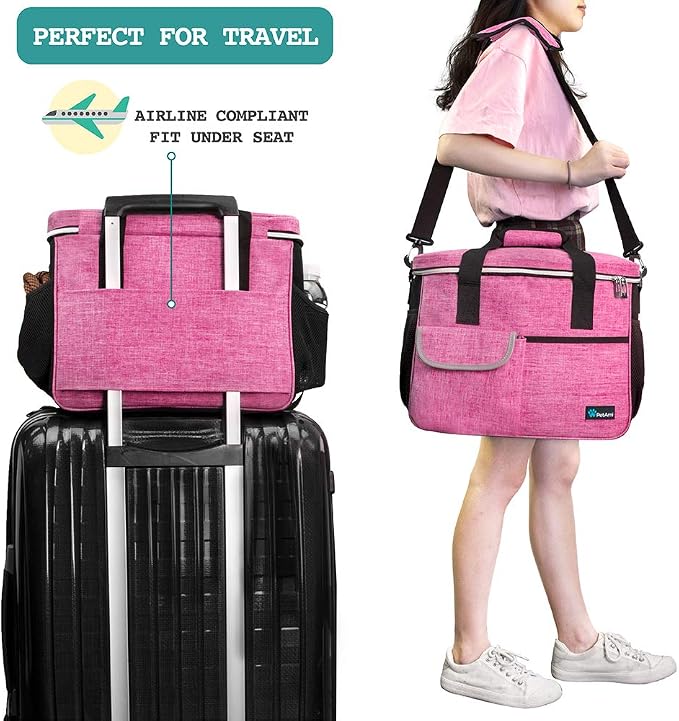 PetAmi Dog Travel Bag Organizer, Pet Travel Kit with 2 Food Containers & 2 Collapsible Dog Bowls, Pet Supplies Tote with Luggage Sleeve, Weekend Road Trip Camping Essentials, Pink, Medium - Image 5