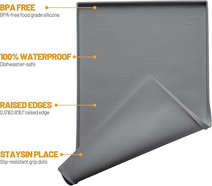 Hubulk Dog Feeding Mat,100% Waterproof Food Grade Silicone Pet Food and Water Bowl Placemat,Dishwasher, High Raised Edge to Prevent Spills,Nonslip Tray to Stop Messes on Floor (24"x16"x0.5", Grey) - Image 2