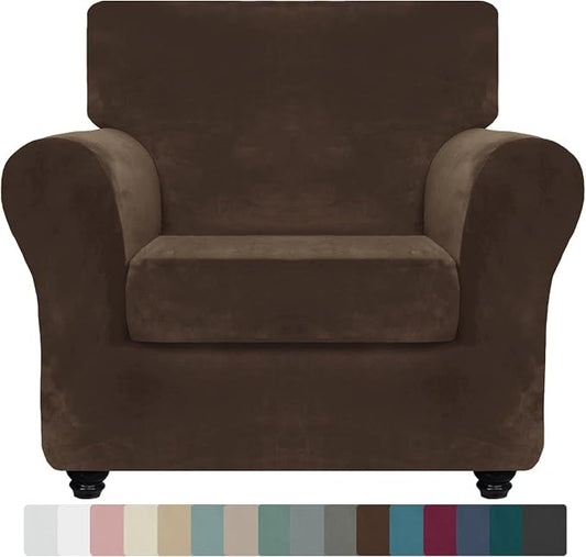 ZNSAYOTX Luxury Velvet Chair Slipcovers with Arms 2 Piece Stretch Chair Covers for Living Room Thick Soft Armchair Slipcover Anti Slip Pet Friendly Furniture Protector (Dark Coffee),30"-47"(1 Cushion) by ZNSAYOTX