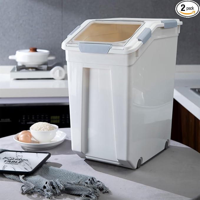 HANAMYA 32.5 Liter / 35 lbs Pet Food Storage Container with Measuring Cup, BPA free, For Dog Food | Cat Food | Rice | Grain | Flour, White & Gray, 2 counts by HANAMYA