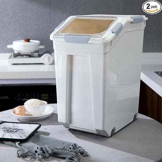HANAMYA 32.5 Liter / 35 lbs Pet Food Storage Container with Measuring Cup, BPA free, For Dog Food | Cat Food | Rice | Grain | Flour, White & Gray, 2 counts by HANAMYA