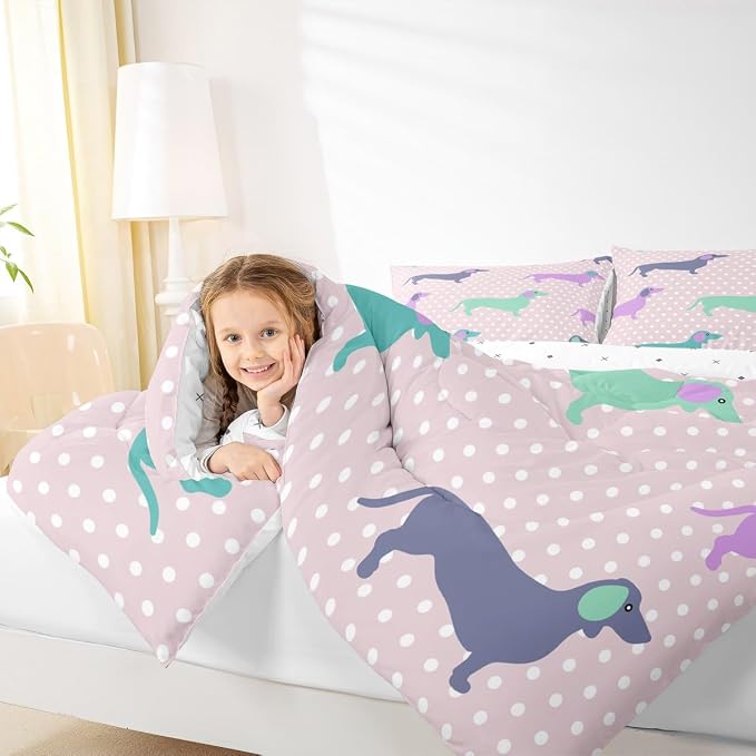 Feelyou Dog Printed Comforter Dachshund Decor Bedding Bed Set for Kids Boys Girls Abstract Pet Puppies Comforter Set Polka Dots Dog Pink Quilt Collection 3Pcs King Size Boys - Image 7