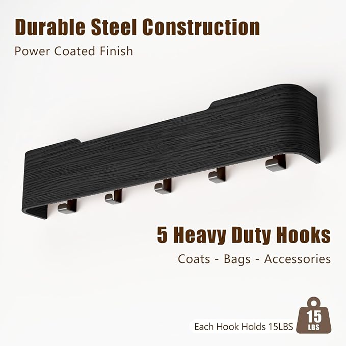 Coat Rack Wall Mount with Hidden Hooks, Wall Hooks with Shelf, Wall Key Holder Mount Wooden Shelf Entryway Hooks for Bedroom Bathroom for Hanging Coats Hats Bags Towels (Black, 5 Hooks) - Image 6