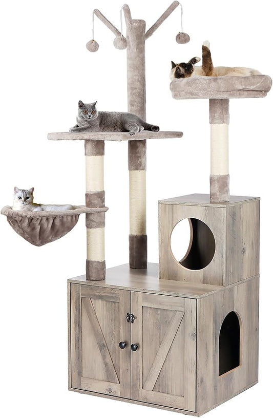 Timberer Litter Box Enclosure with Cat Tree, 2-in-1 Cat Tree Tower, Hidden Cat Litter Box Furniture with Scratching Post, Modern Cat Condo, Grey by Timberer