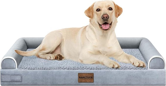 NANUYA Orthopedic Dog Bed for Large Dogs, 38 x 25 Inch, Light Grey | Egg crate foam for joint support, 3-sided bolster pet sofa, waterproof lining, washable cover, and non-skid base by Nanuya